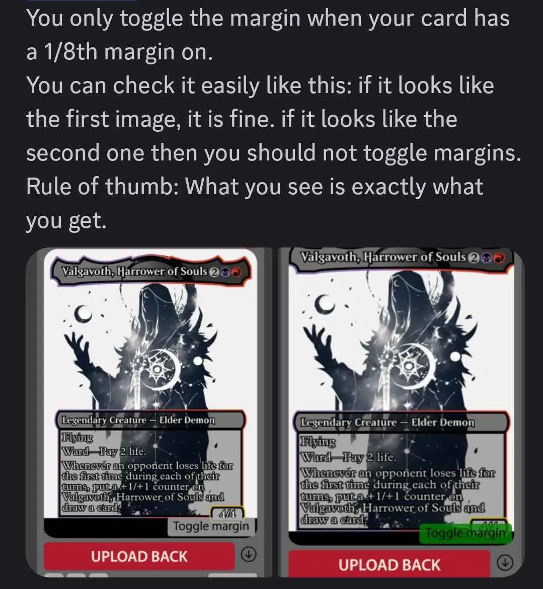 Toggle margin example: the left card has a 1/8th print margin (toggle it on), the right card does not (leave it off).