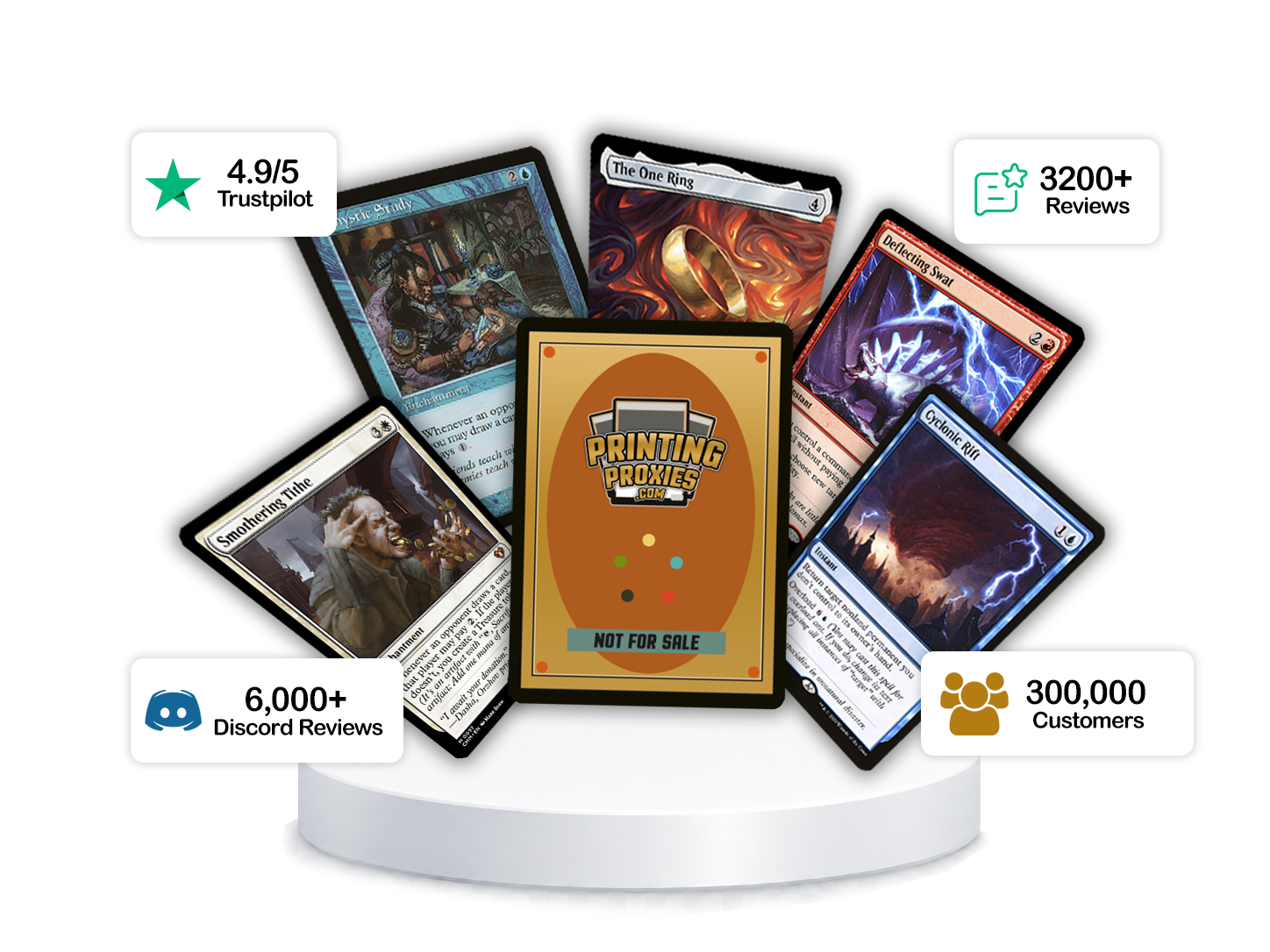 Premium MTG proxy card cluster with review, Discord, and delivery stats